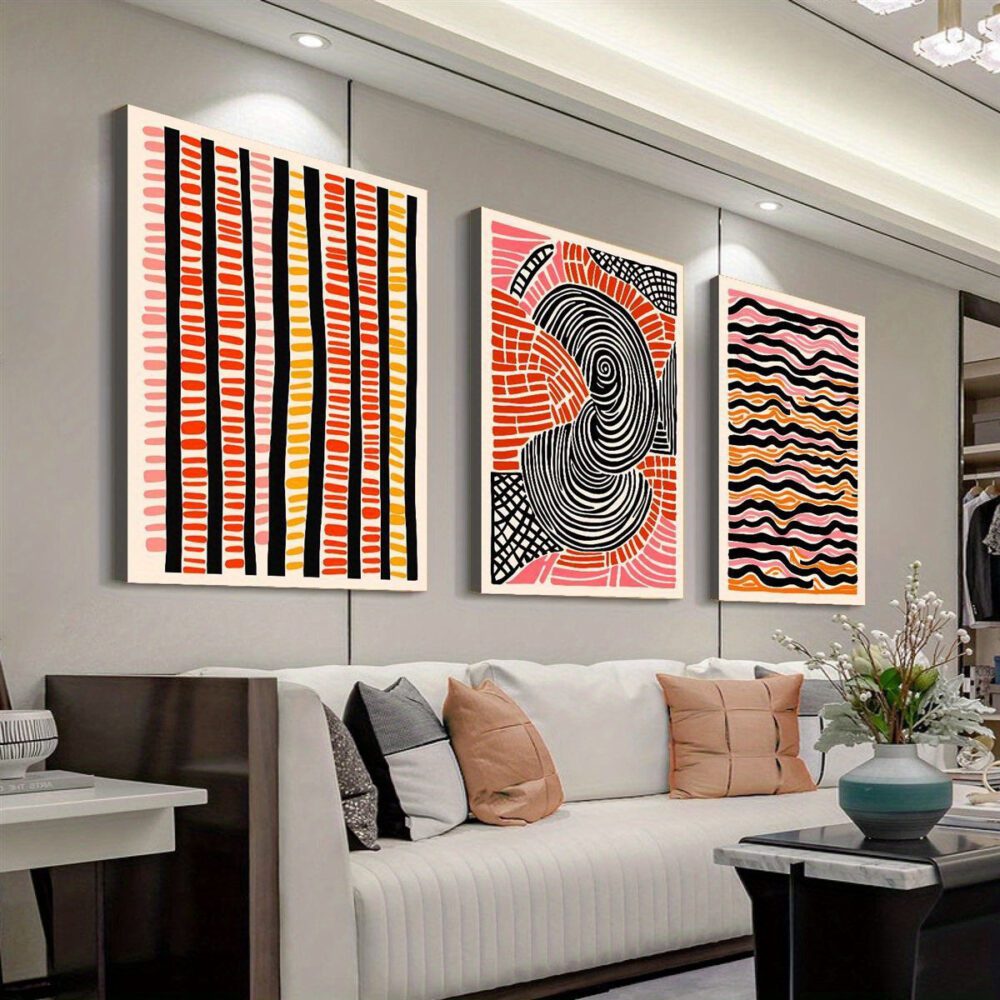 3-Piece Framed Retro Abstract Canvas Set – Modern Wavy Lines & Colorful Spots Wall Art