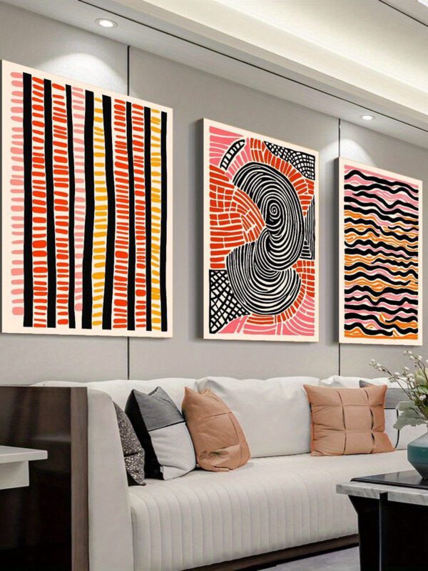 3-Piece Framed Retro Abstract Canvas Set – Modern Wavy Lines & Colorful Spots Wall Art