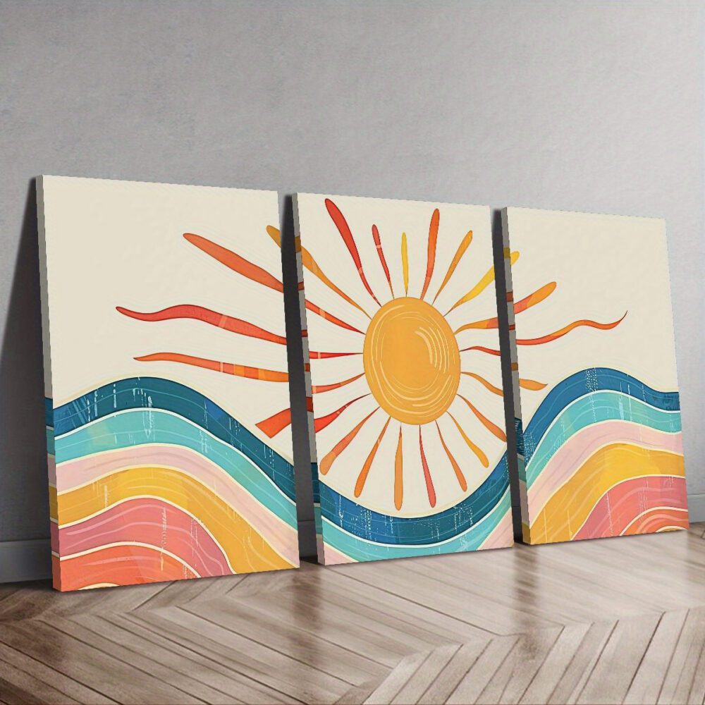 3pcs Century Abstract Landscape Canvas Art – Bohemian Sun Trio Wall Decoration - Image 3