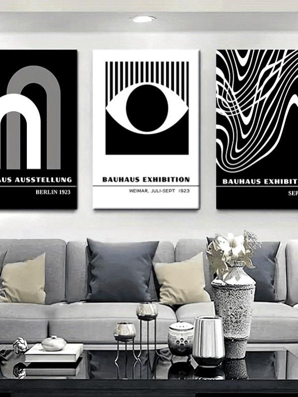 3pcs Bauhaus Exhibition Canvas Wall Art Set – Black and White Geometric Design - 16×24×1.2inch×3pcs