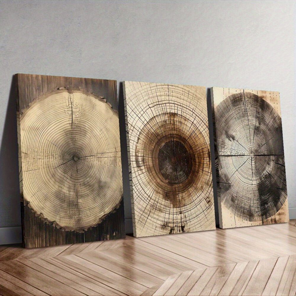 3pcs Tree Ring Canvas Art Set with Pine Frame – Rustic Wood Ink Landscape Prints