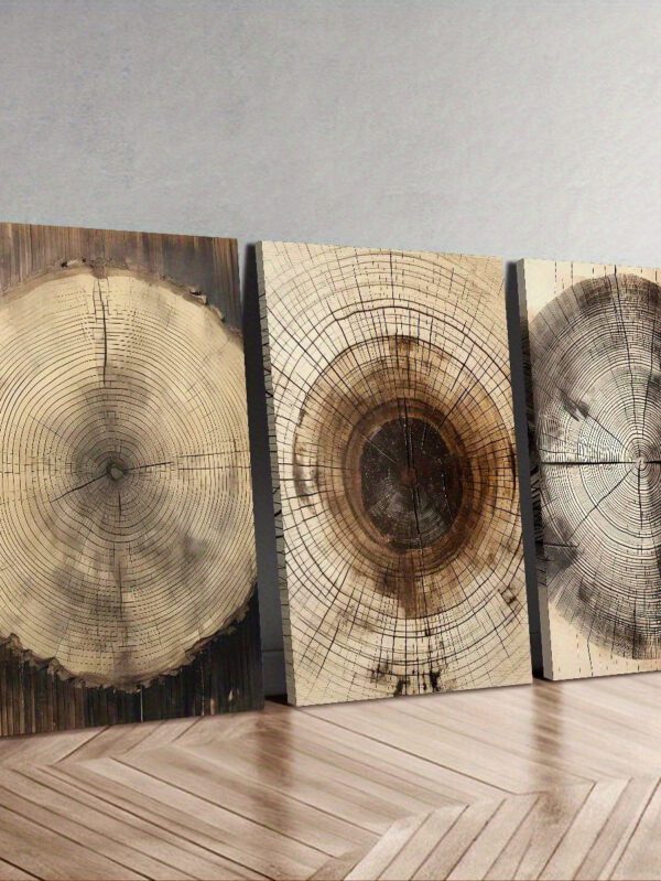3pcs Tree Ring Canvas Art Set with Pine Frame – Rustic Wood Ink Landscape Prints