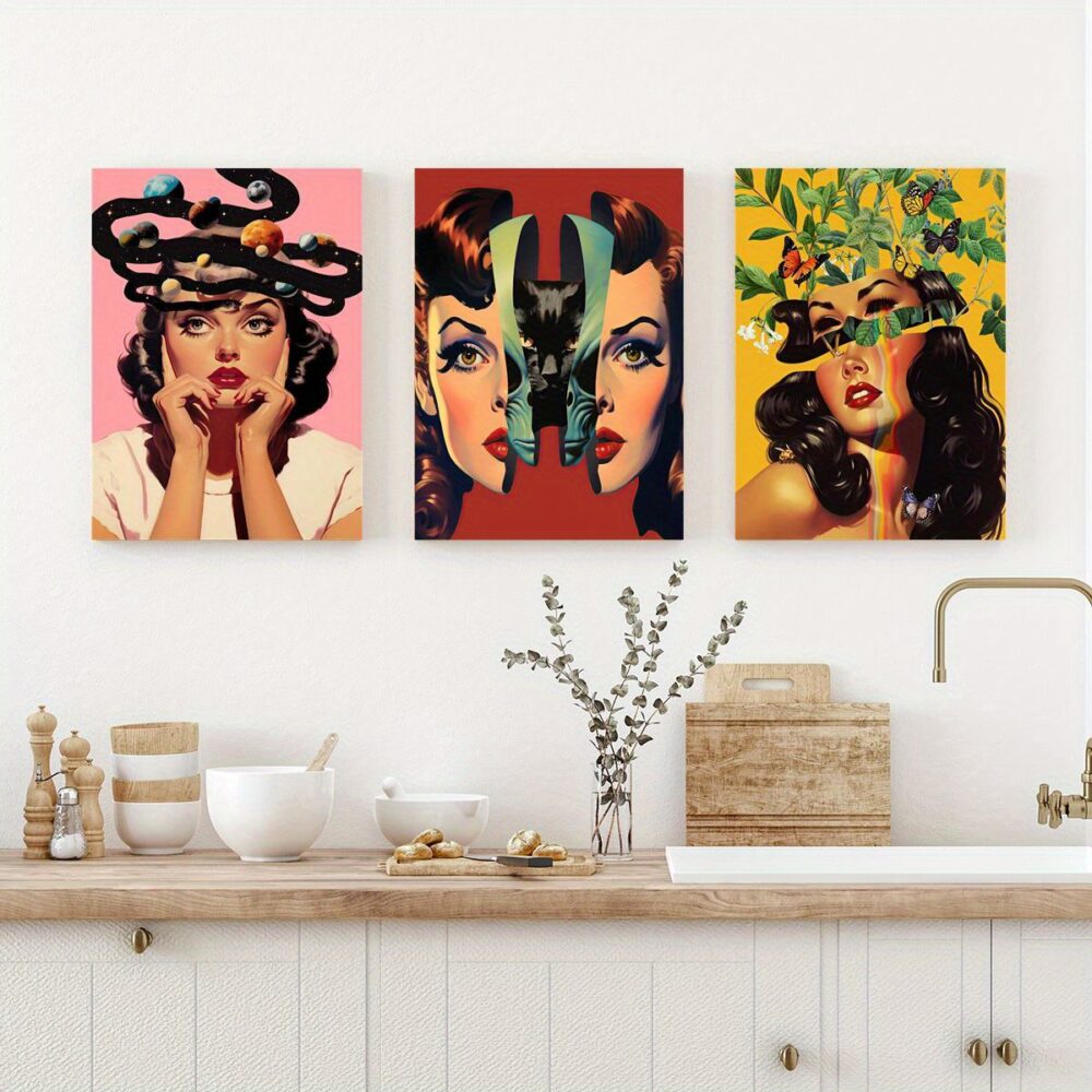 3-Piece Psychedelic Space Cat Canvas – Surreal Universe Poster Set with Wooden Frames - Image 4