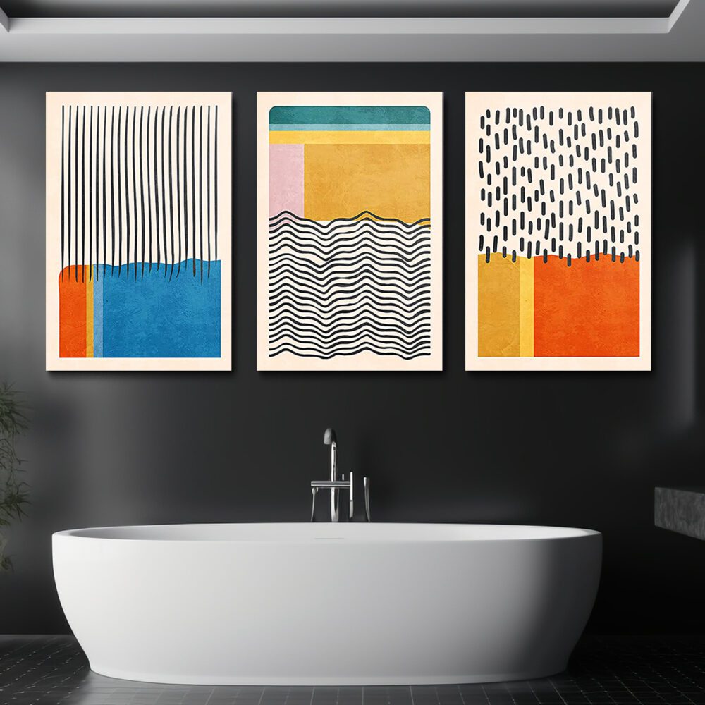 3pc Color Block Abstract Canvas Set – Mid-Century Modern Wall Art - Image 6