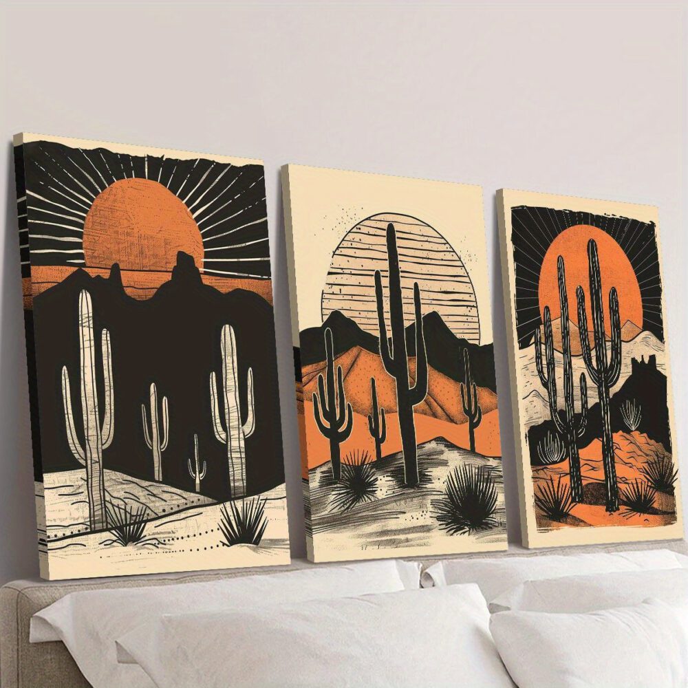 3-Piece Sunset Desert Cactus Canvas Wall Art – Classic Modern Landscape Pine Frame - Image 2