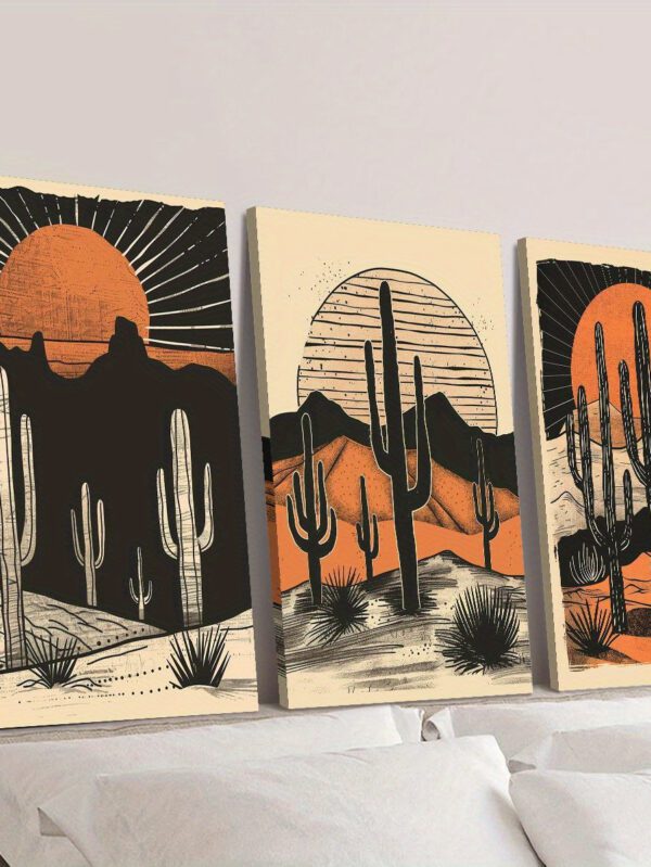 3-Piece Sunset Desert Cactus Canvas Wall Art – Classic Modern Landscape Pine Frame - 16x20inch(40x50cm)x3