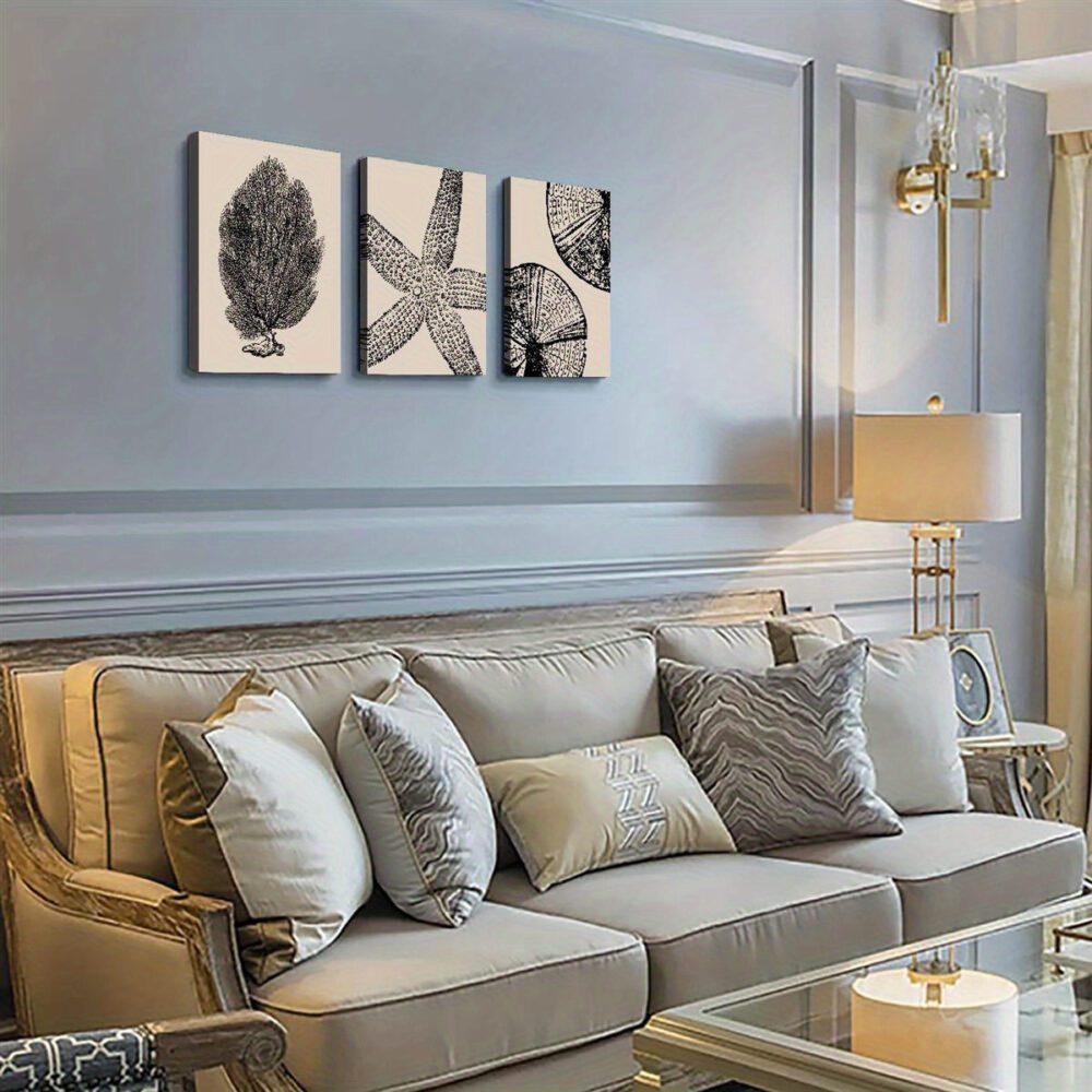 3pcs Wrapped Frame Canvas Wall Art – Bohemian Beach, Modern Abstract Starfish & Beach Cottage - Image 3