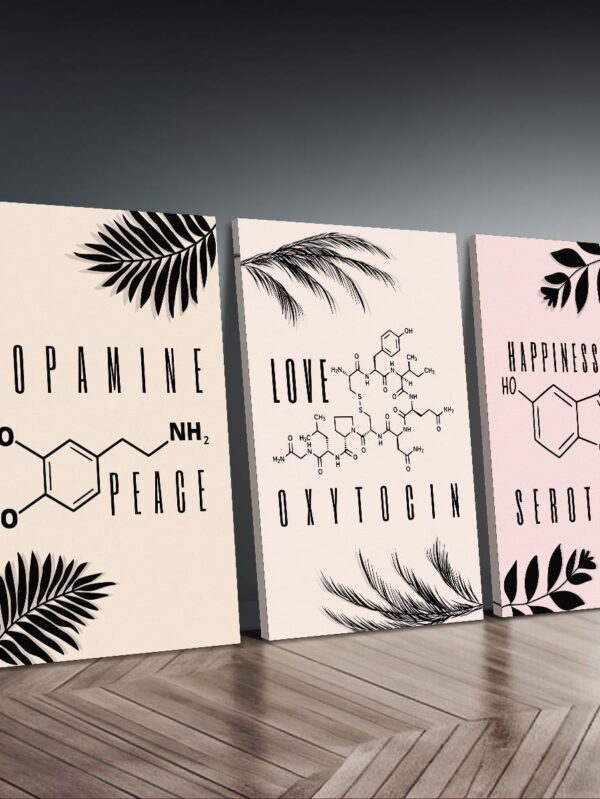3-Piece Neurotransmitter Wall Art – Serotonin, Dopamine, Oxytocin Prints – Modern Canvas Set