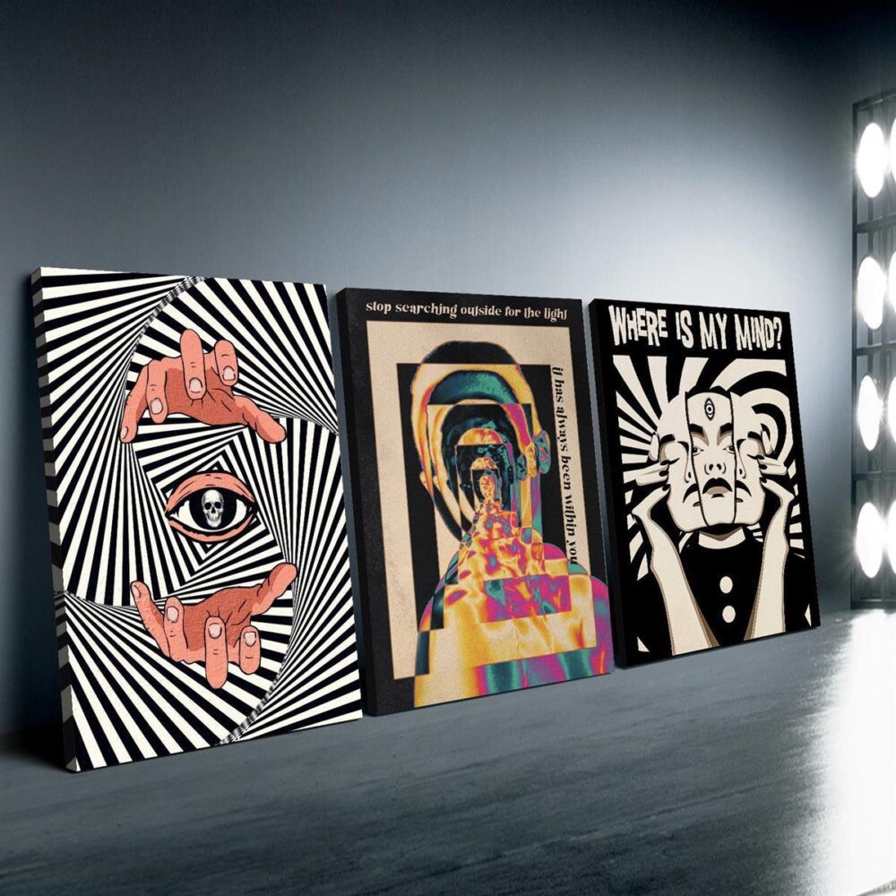 3-Piece Psychedelic Wall Art Set – Optical Illusion Skull & Eyeball Prints with Wooden Frames