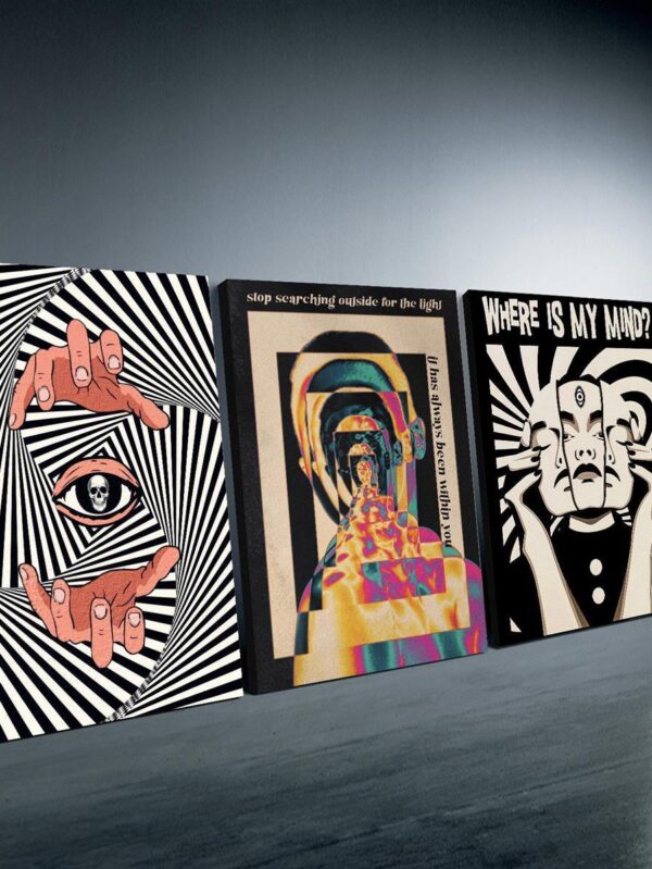 3-Piece Psychedelic Wall Art Set – Optical Illusion Skull & Eyeball Prints with Wooden Frames