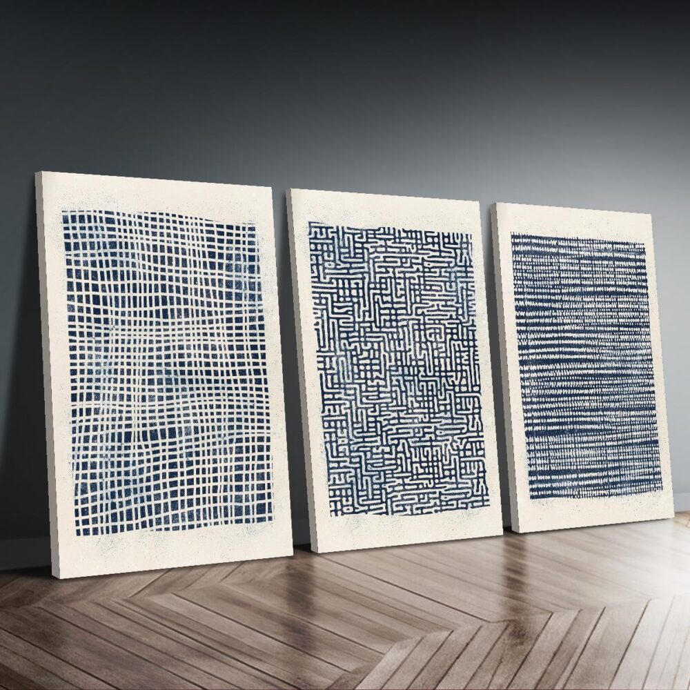 3pcs Navy Blue & White Geometric Canvas Wall Art – Bohemian Style Wrapped Set - Image 6