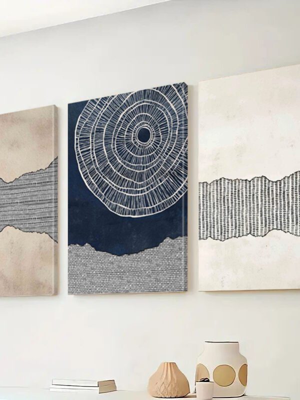 3-Piece Abstract Landscape Canvas – Navy Blue & Beige Ink Textured Wall Art Set