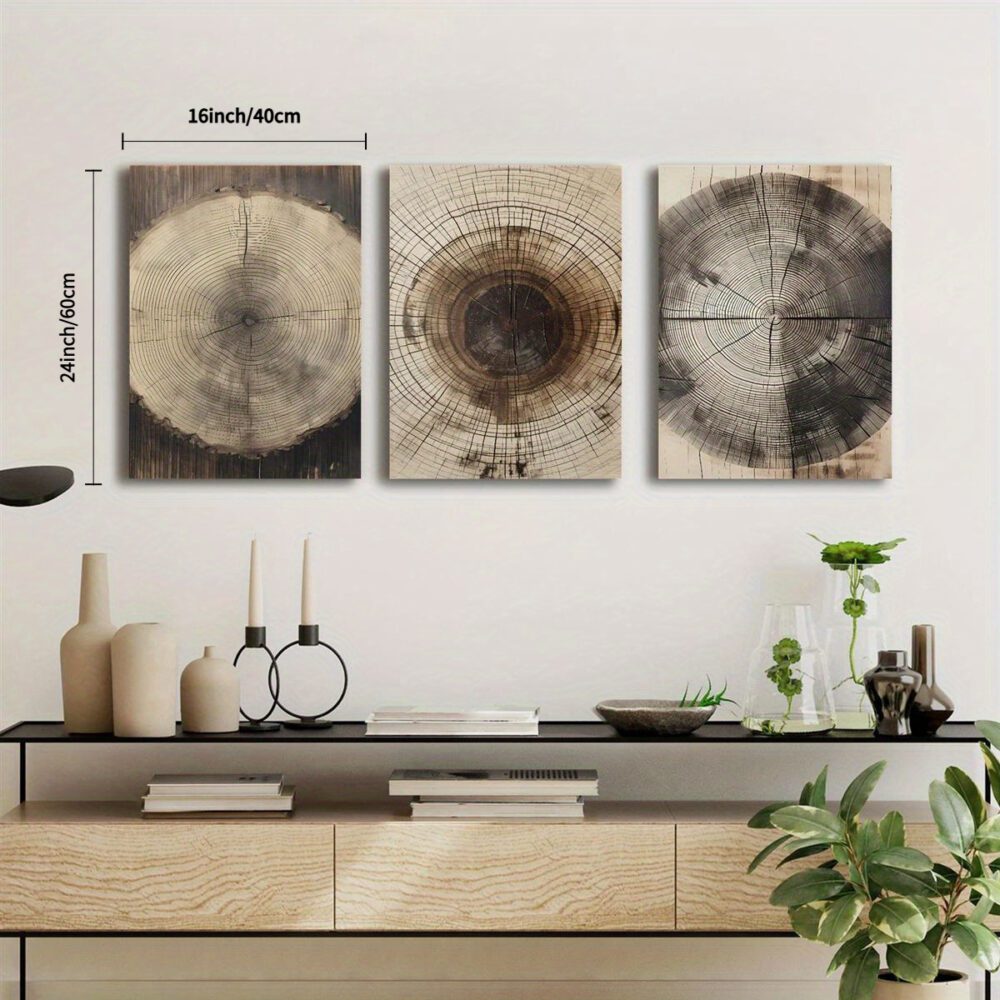 3pcs Tree Ring Canvas Art Set with Pine Frame – Rustic Wood Ink Landscape Prints - Image 2