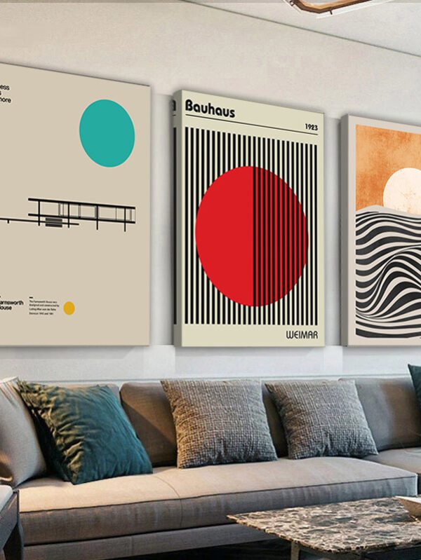 3-Piece Framed Canvas Set – Abstract Bauhaus Exhibition Prints | Bright Geometric Retro Wall Art