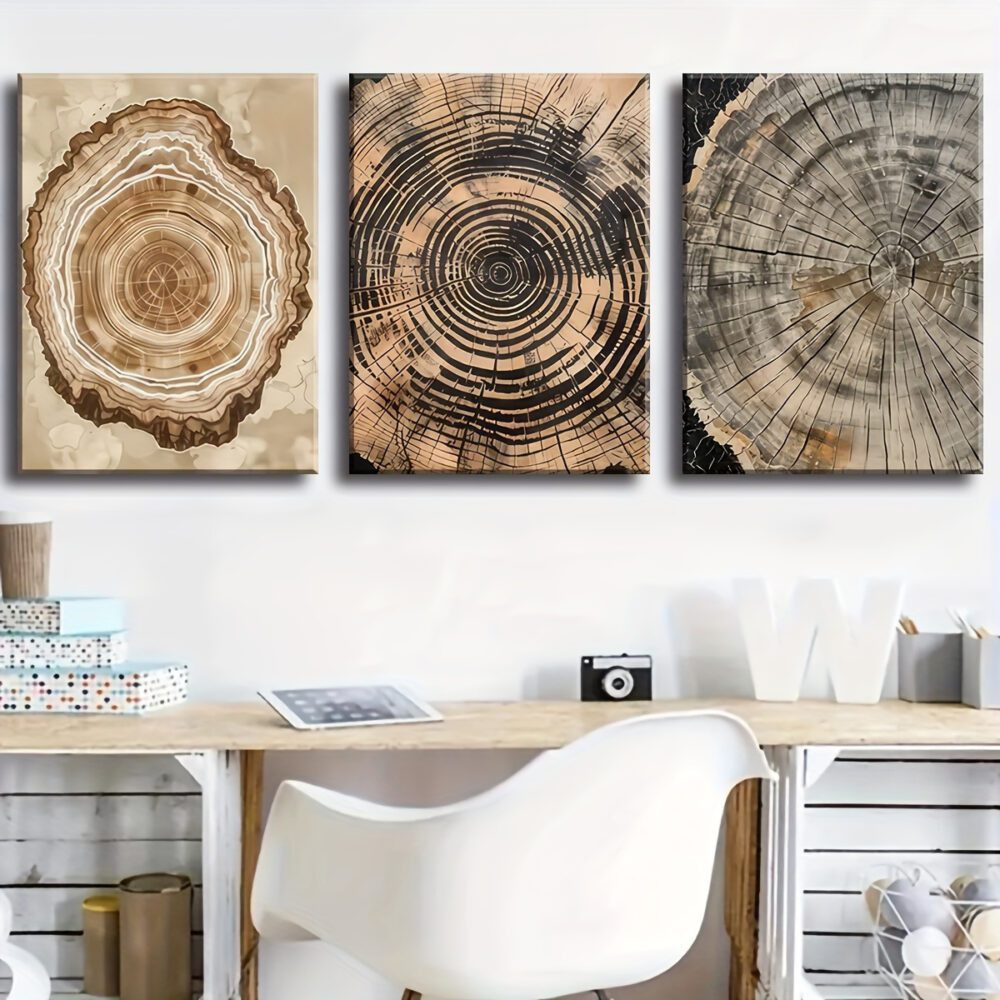 3pcs Vintage Tree Rings Canvas Painting – Annual Growth Pattern Wall Art for Home Decor - Image 2