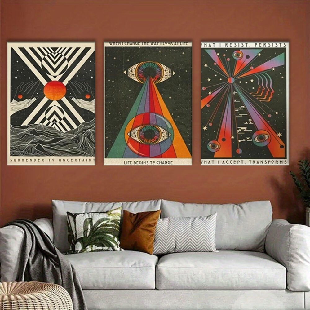 3-Piece Boho Psychedelic Wall Art Set – Framed 70s Canvas Prints with Inspirational Quotes