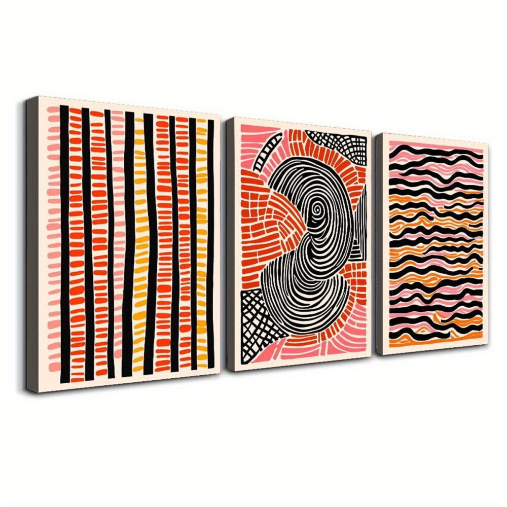 3-Piece Framed Retro Abstract Canvas Set – Modern Wavy Lines & Colorful Spots Wall Art - Image 4