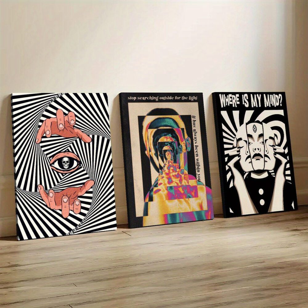 3-Piece Psychedelic Canvas Wall Art Set – Optical Illusion Skull & Eyeball Prints with Wooden Frames - Image 7