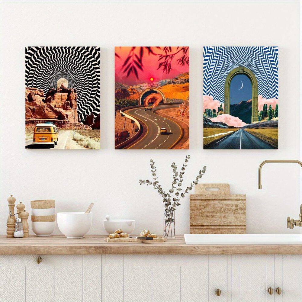 3-Piece Wrapped Canvas Set – Surreal Road Trip Wall Art for Living Room, Bedroom, Office or Café Decor