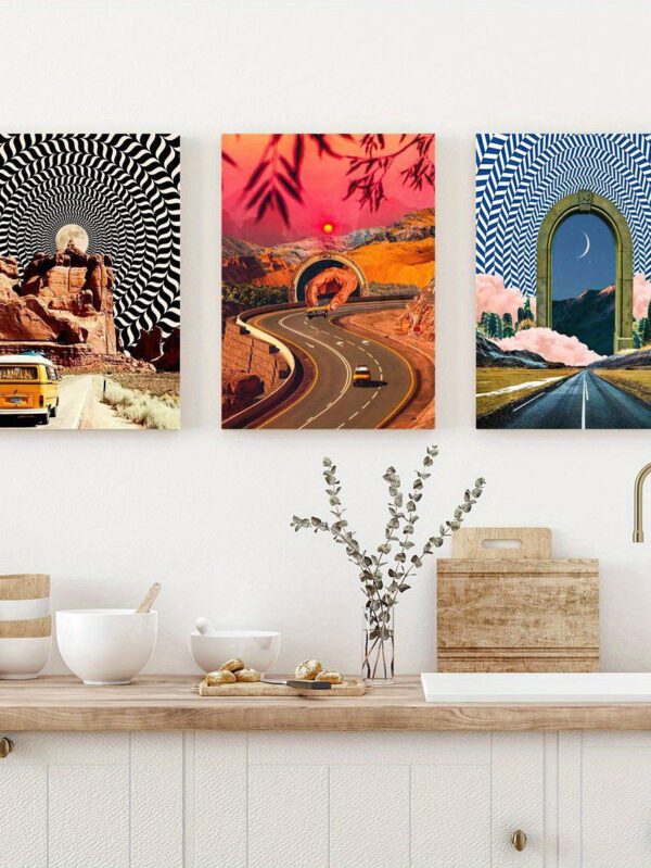 3-Piece Wrapped Canvas Set – Surreal Road Trip Wall Art for Living Room, Bedroom, Office or Café Decor