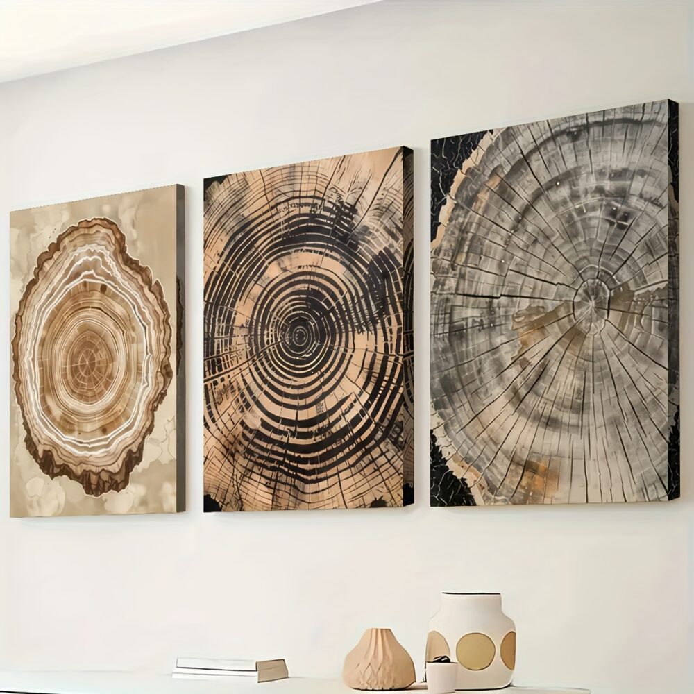 3pcs Vintage Tree Rings Canvas Painting – Annual Growth Pattern Wall Art for Home Decor