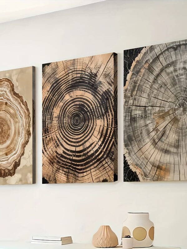 3pcs Vintage Tree Rings Canvas Painting – Annual Growth Pattern Wall Art for Home Decor