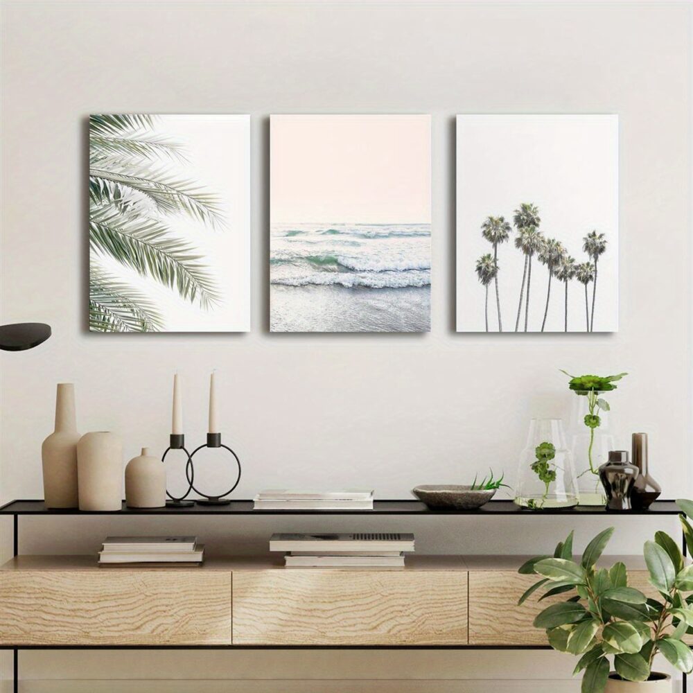 3pcs Boho Canvas Wall Art Set – Tropical Palm Trees and Beach Scenes