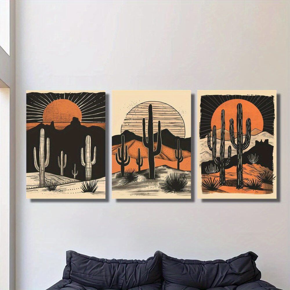 3-Piece Sunset Desert Cactus Canvas Wall Art – Classic Modern Landscape Pine Frame - Image 5