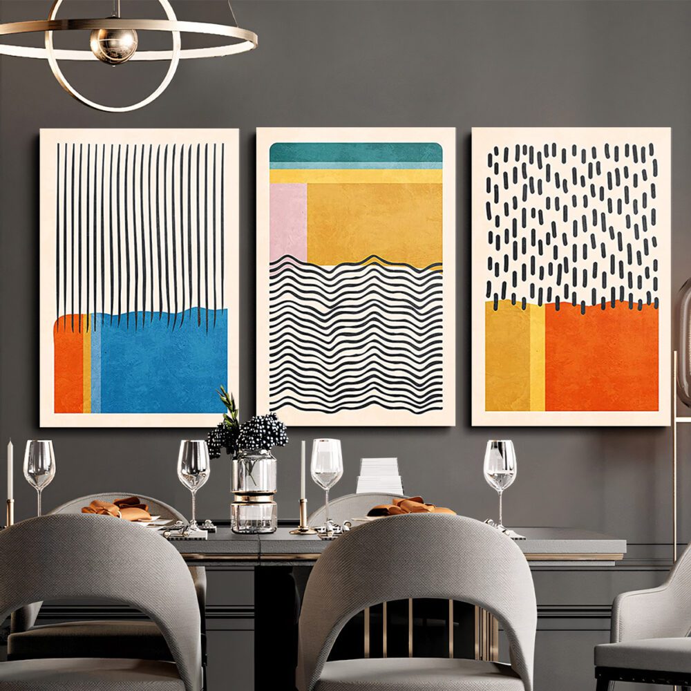 3pc Color Block Abstract Canvas Set – Mid-Century Modern Wall Art for Home Decor