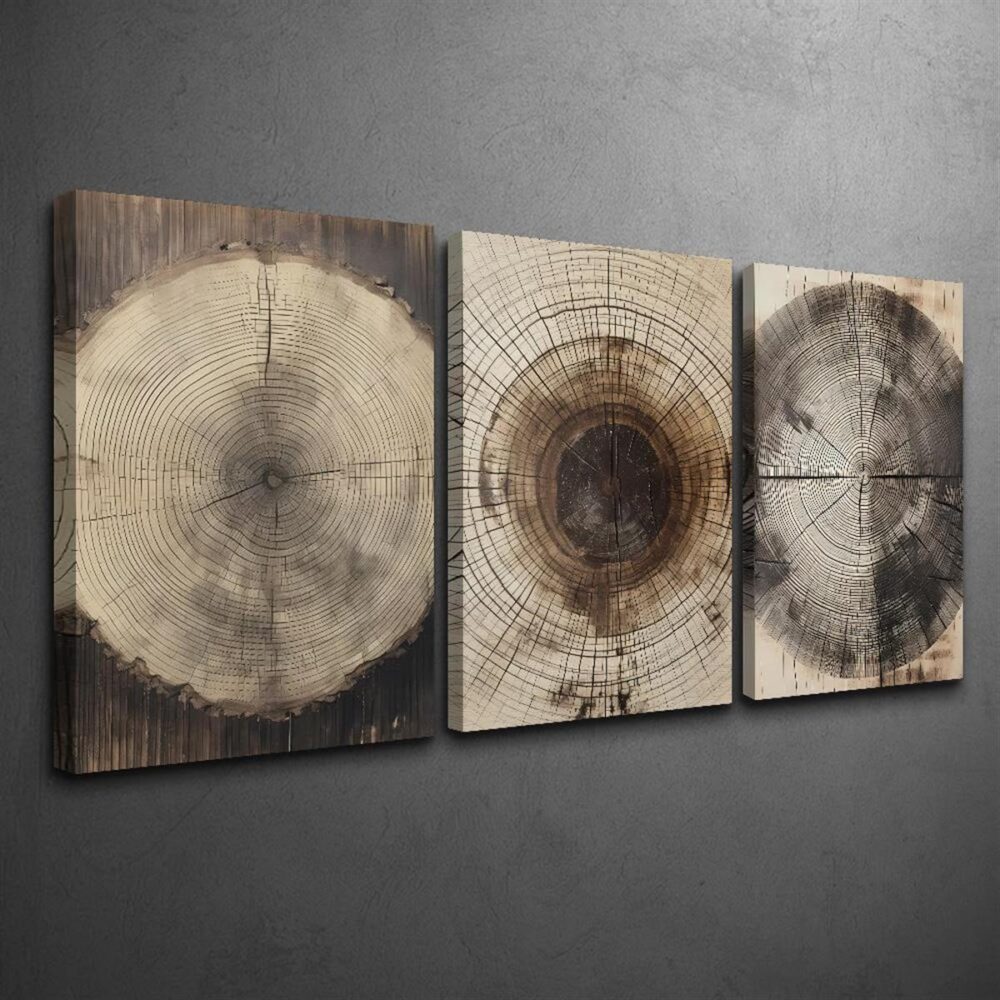 3pcs Tree Ring Canvas Art Set with Pine Frame – Rustic Wood Ink Landscape Prints - Image 8