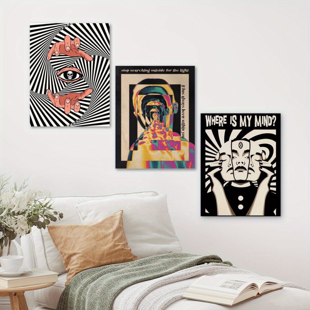 3-Piece Psychedelic Canvas Wall Art Set – Optical Illusion Skull & Eyeball Prints with Wooden Frames - Image 8
