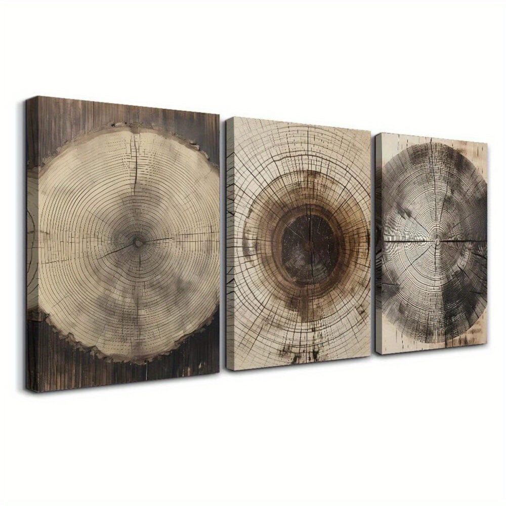 3pcs Tree Ring Canvas Art Set with Pine Frame – Rustic Wood Ink Landscape Prints - Image 6