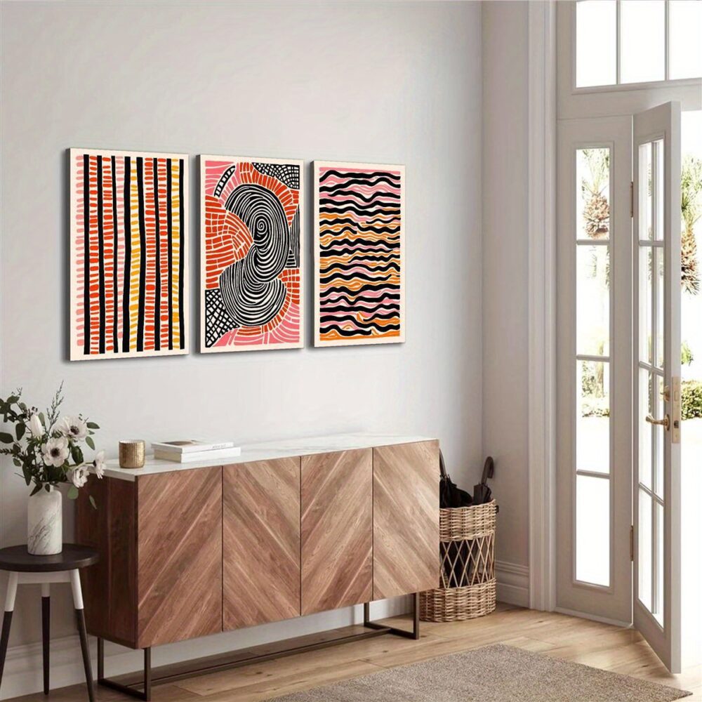 3-Piece Framed Retro Abstract Canvas Set – Modern Wavy Lines & Colorful Spots Wall Art - Image 7