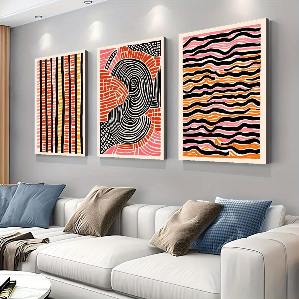 3-Piece Framed Retro Abstract Canvas Set – Modern Wavy Lines & Colorful Spots Wall Art - Image 5