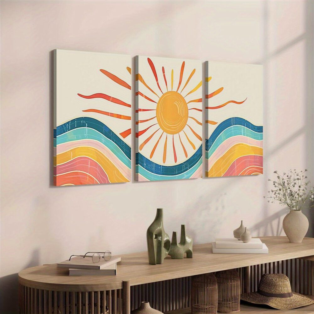 3pcs Century Abstract Landscape Canvas Art – Bohemian Sun Trio Wall Decoration - Image 7