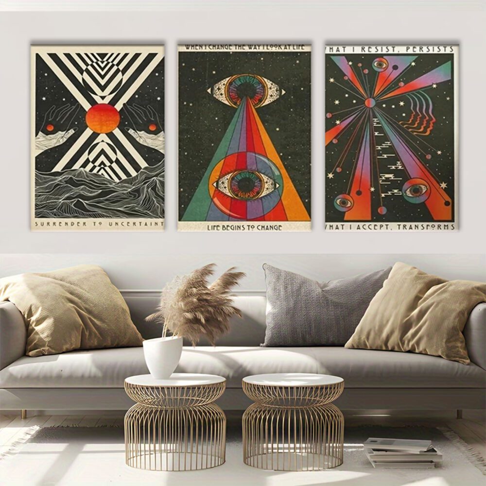 3-Piece Boho Psychedelic Wall Art Set – Framed 70s Canvas Prints with Inspirational Quotes - Image 2