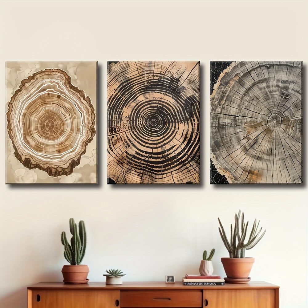3pcs Vintage Tree Rings Canvas Painting – Annual Growth Pattern Wall Art for Home Decor - Image 3