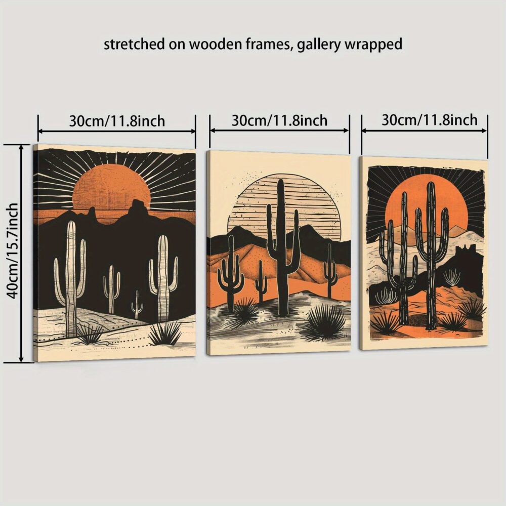 3-Piece Sunset Desert Cactus Canvas Wall Art – Classic Modern Landscape Pine Frame - Image 3