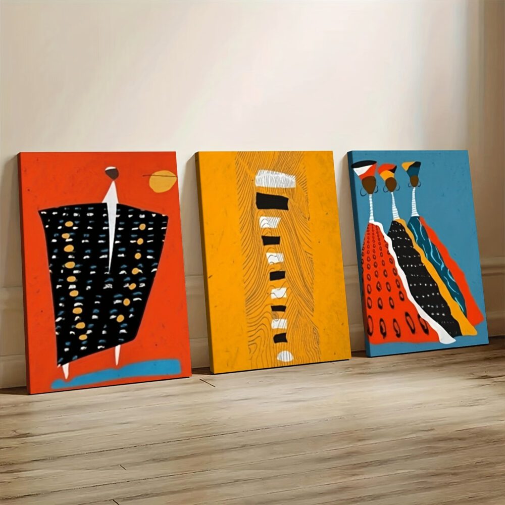 3pcs Vibrant Afro Boho Portrait Canvas Set – African American Art in Black, Yellow, Orange & Blue - Image 2