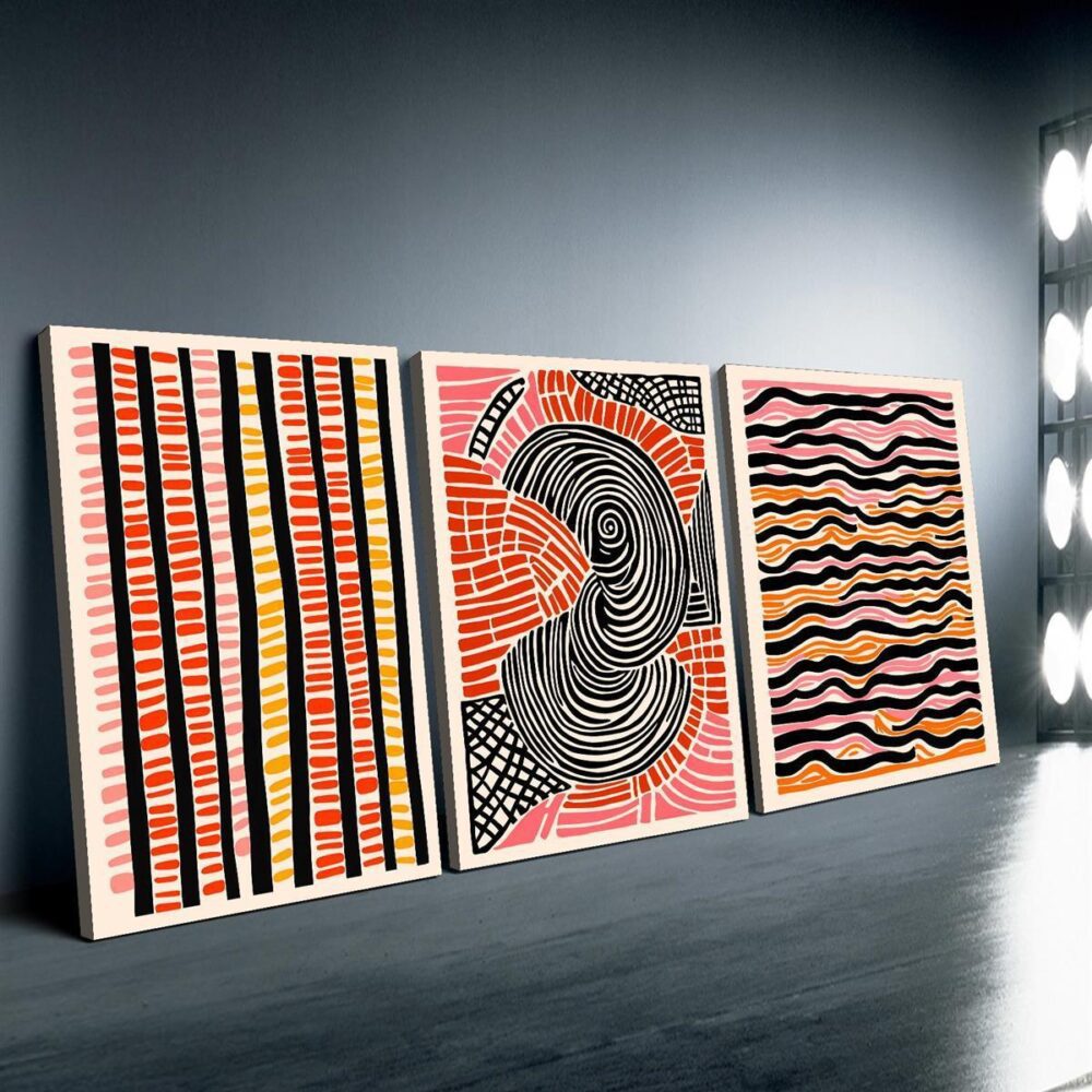 3-Piece Framed Retro Abstract Canvas Set – Modern Wavy Lines & Colorful Spots Wall Art - Image 6