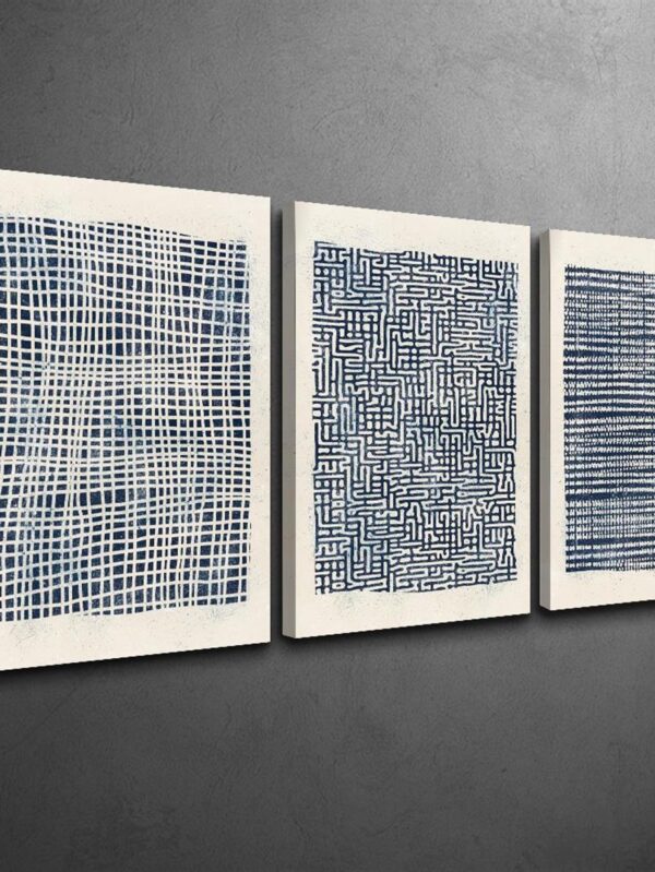 3pcs Navy Blue & White Geometric Canvas Wall Art – Bohemian Style Wrapped Set - 12×18×2.1inch×3pcs