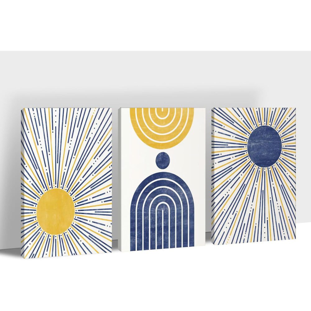 3-Piece Boho Sun & Line Canvas Set – Mid-Century Modern Geometric Wall Art