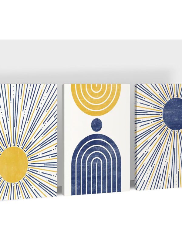3-Piece Boho Sun & Line Canvas Set – Mid-Century Modern Geometric Wall Art