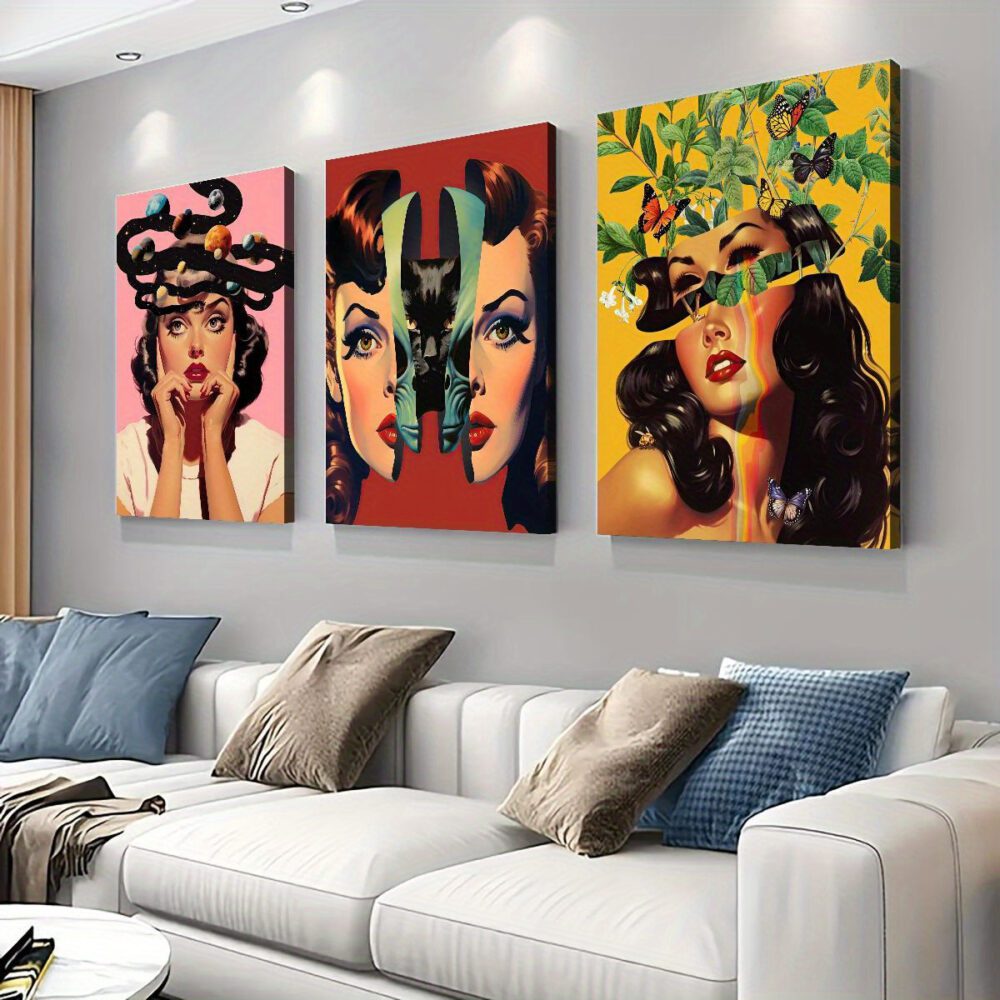 3-Piece Psychedelic Space Cat Canvas – Surreal Universe Poster Set with Wooden Frames