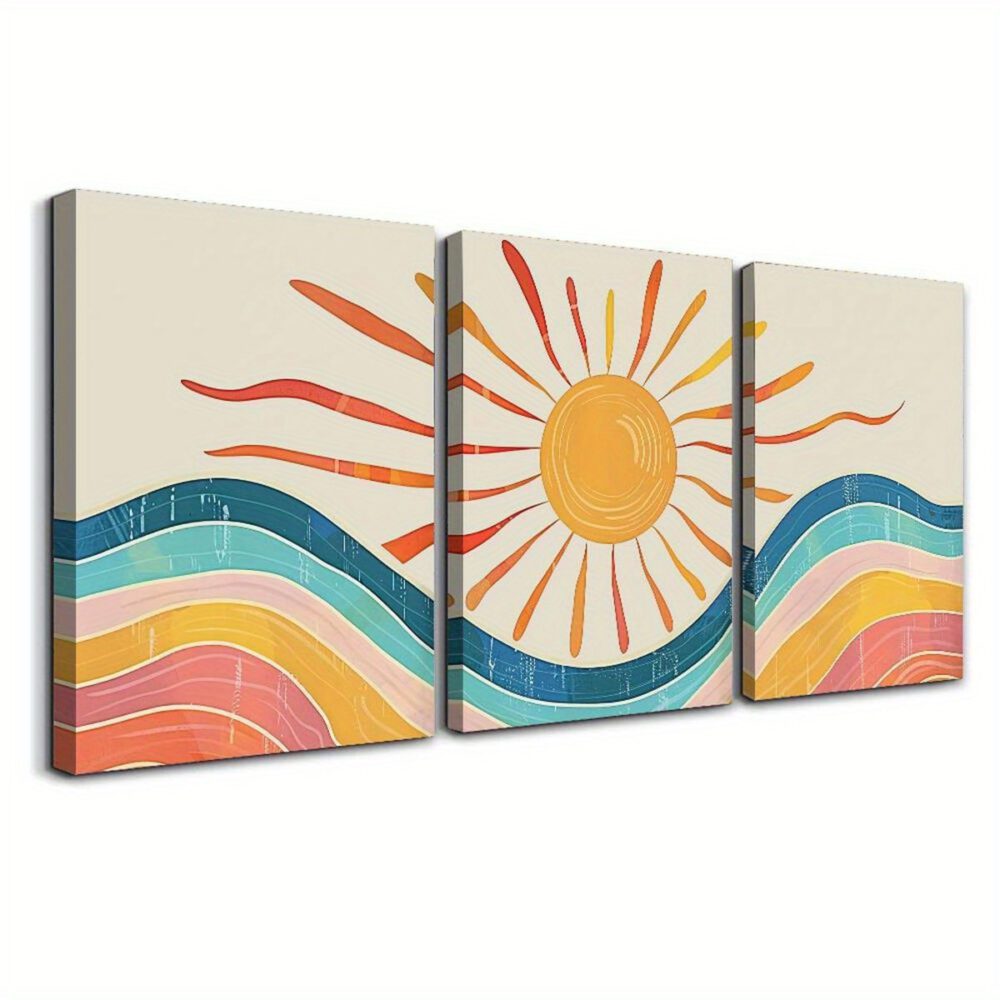 3pcs Century Abstract Landscape Canvas Art – Bohemian Sun Trio Wall Decoration - Image 2
