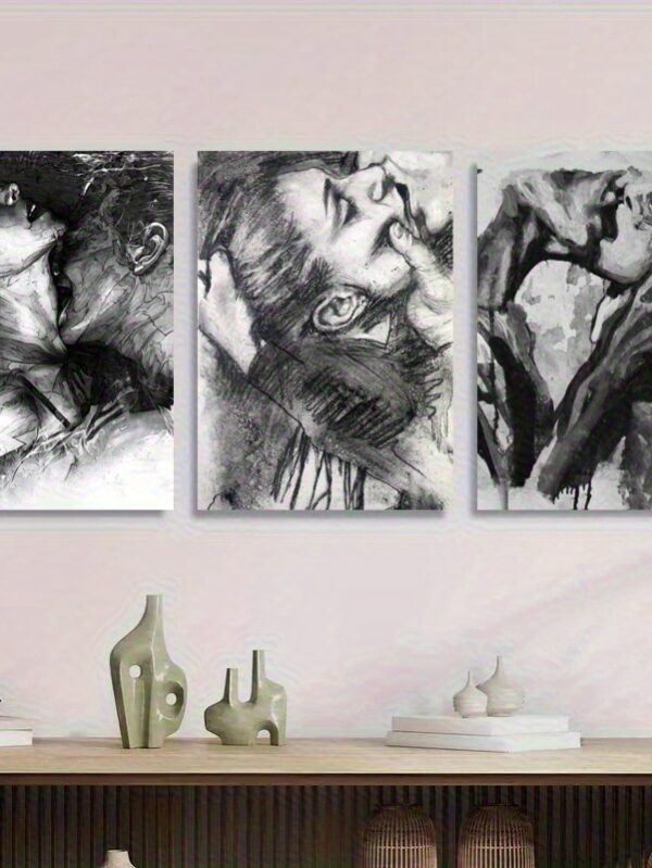 3-Piece Abstract Lovers Kiss Canvas – Black & White Romantic Wall Art
