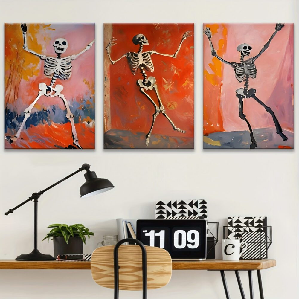 3pcs Halloween Skeleton Canvas Wall Art – Inset Wood Framed Spooky Skeleton Paintings