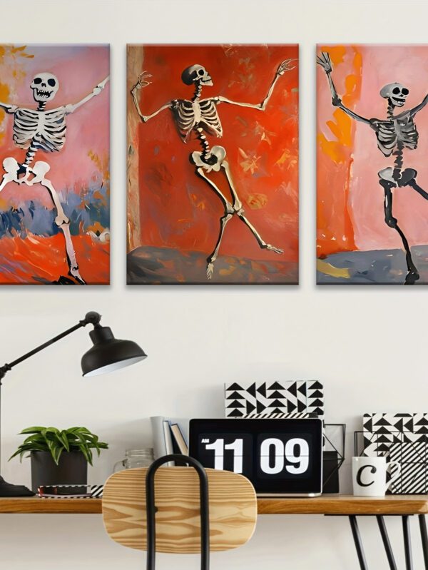 3pcs Halloween Skeleton Canvas Wall Art – Inset Wood Framed Spooky Skeleton Paintings