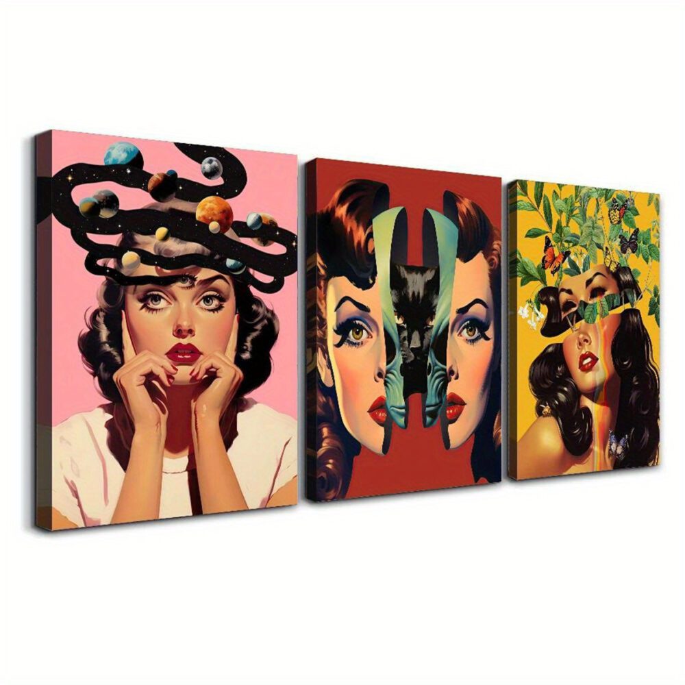 3-Piece Psychedelic Space Cat Canvas – Surreal Universe Poster Set with Wooden Frames - Image 2