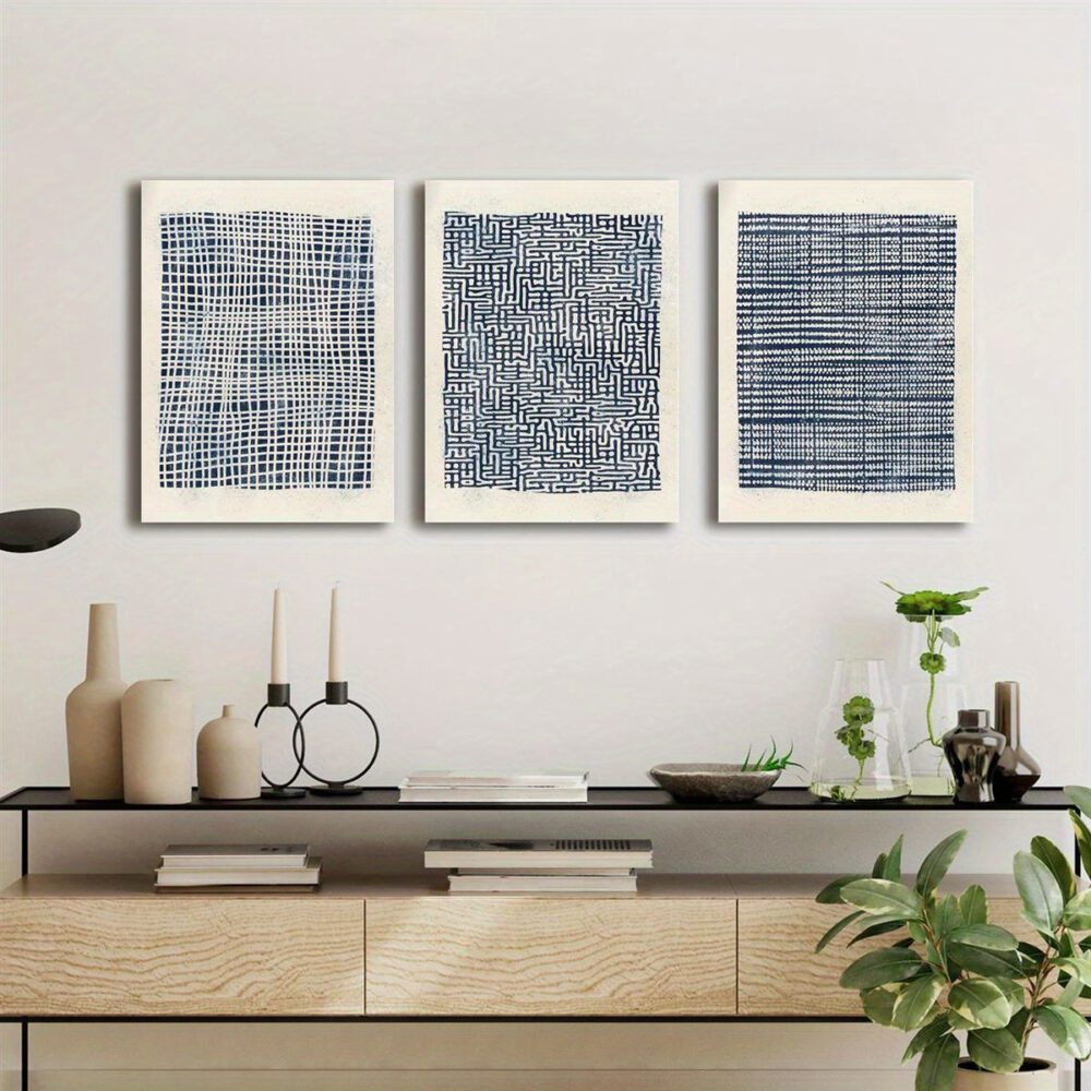 3pcs Navy Blue & White Geometric Canvas Wall Art – Bohemian Style Wrapped Set - Image 3
